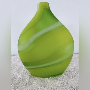 CRATE & BARREL Frosted Glass LIMA Vase Greens White Swirl 11" x 10" Teardrop Art